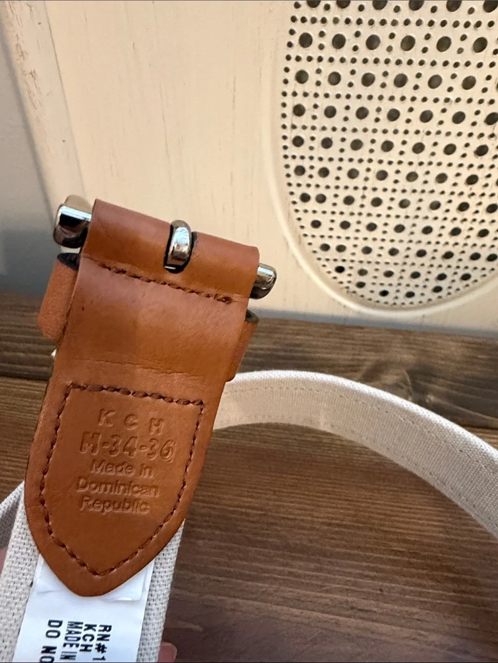 Tommy Hilfiger Tan Leather-Trim White Canvas Belt M